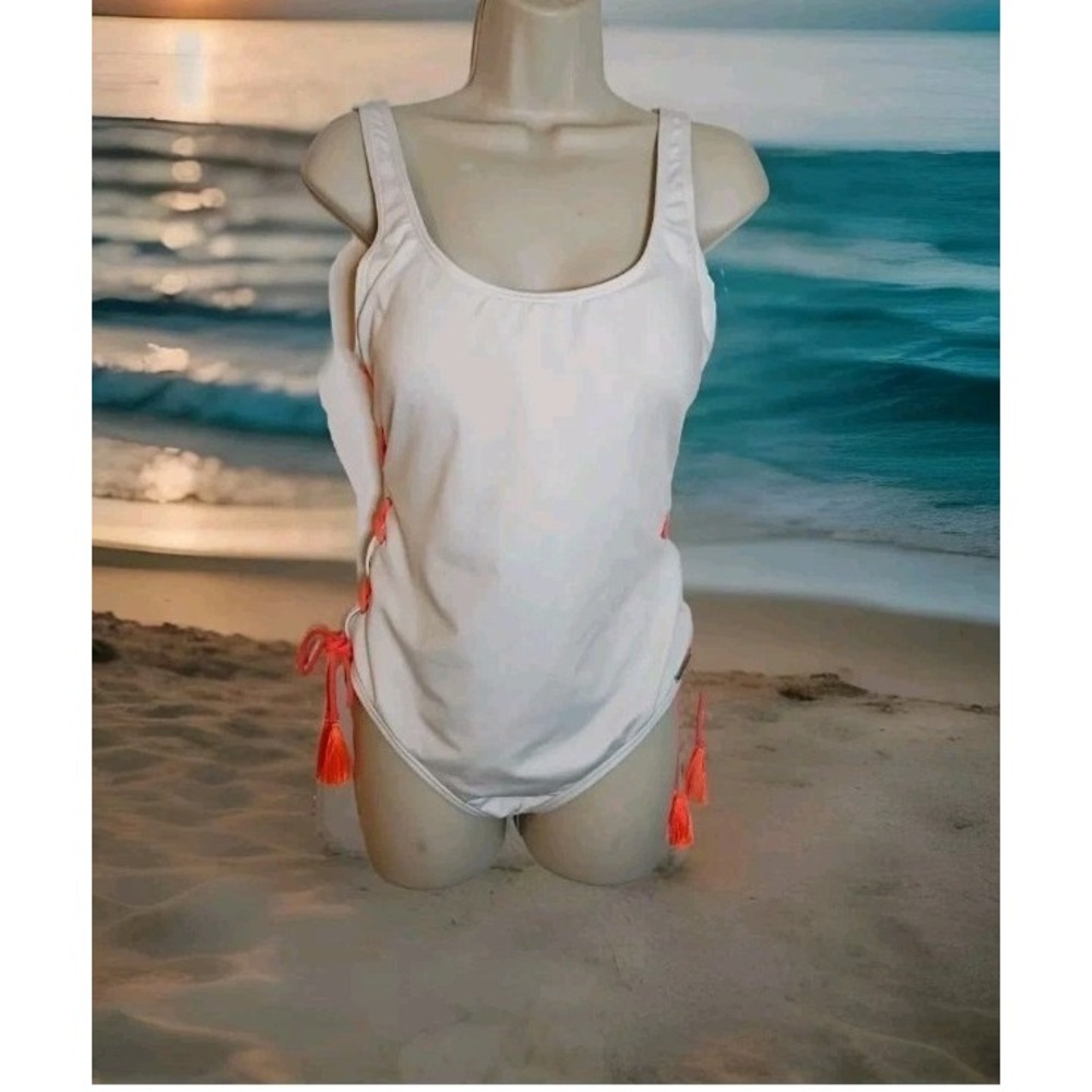 Vince Camuto Swimsuit One Piece White w/Neon Orange Lace Up Tassels Plus Size 14